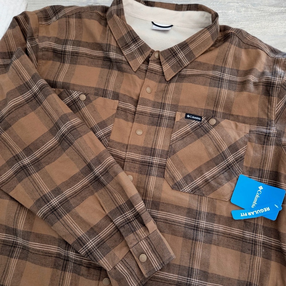 NEW Columbia Shirt Jacket Brown Plaid Cornell Woods Fleece Lined Mens XXL